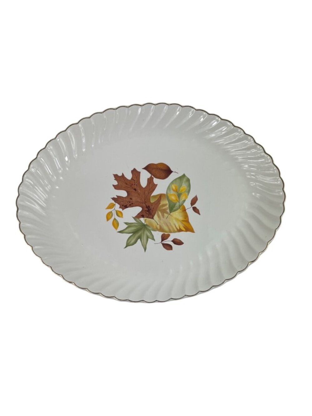 Scio Autumn Leaf Pattern Vintage 13" White Oval Platter Fall Leaves Gold Rim